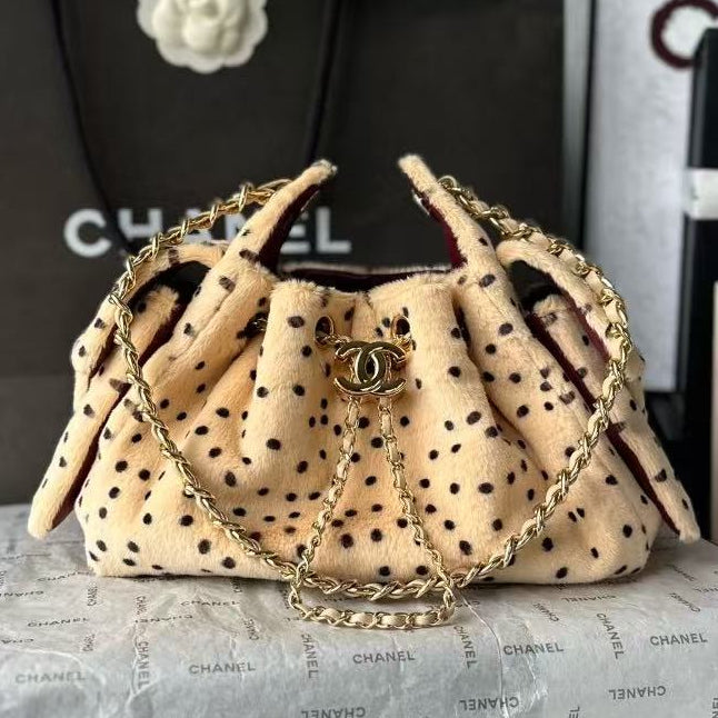 Chanel 2026 Hobo Bag 22cm Beige Black Plush Leather