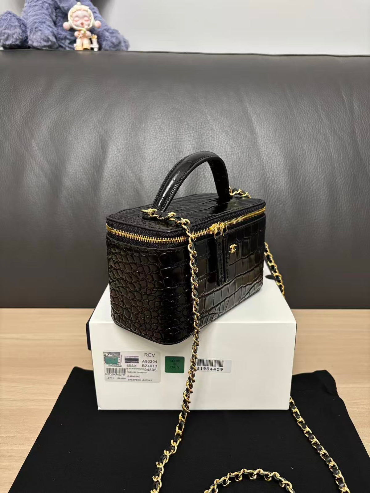 CC 26s Top Handle Vanity Case Black Calfskin Crocodile Embossed