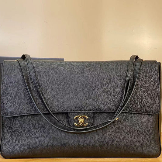 Chanel 2026 Maxi Flap Bag Black Grained Calfskin With Gold Hardware