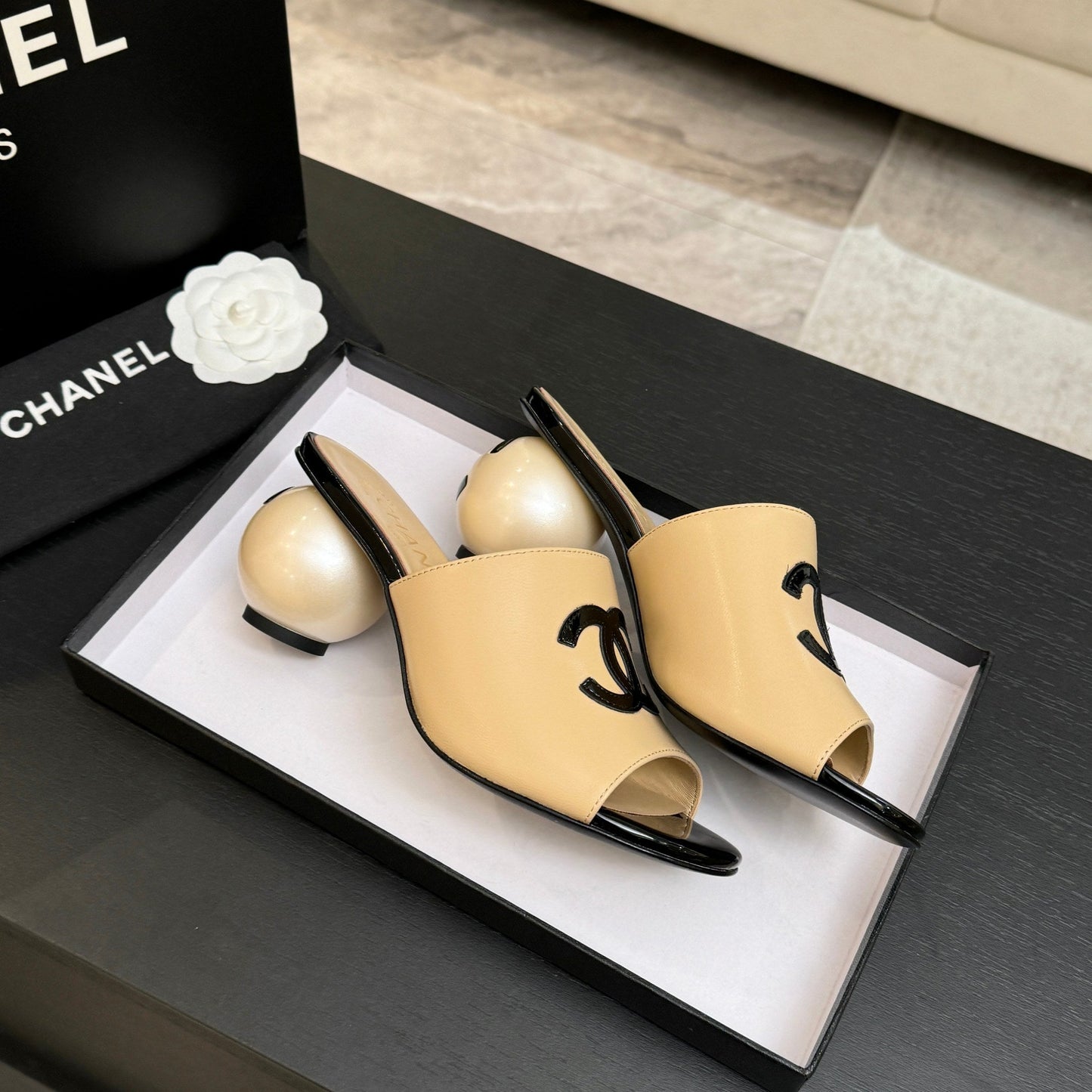 Chanel 2026 Double C Giant Pearl Heel Sandal 7cm Sheepskin 672911