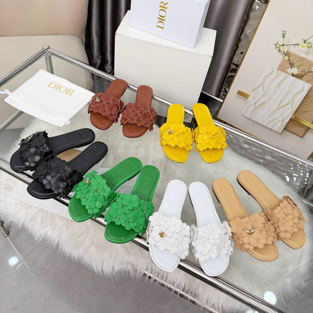 CD 26s Floral Flat Slippers Genuine Leather