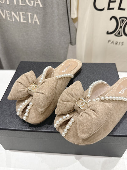 Chanel 2026  Pearl Bow Flat Slipper Suede Sheepskin 713038