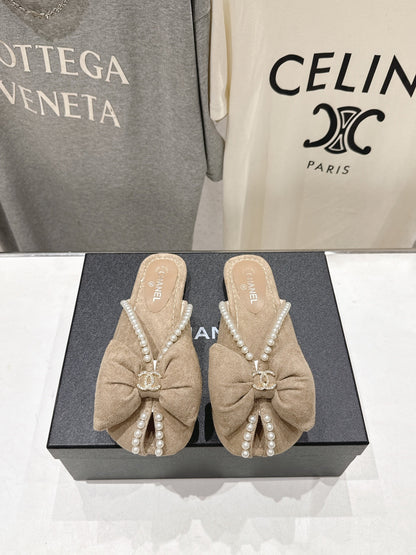 Chanel 2026  Pearl Bow Flat Slipper Suede Sheepskin 713038