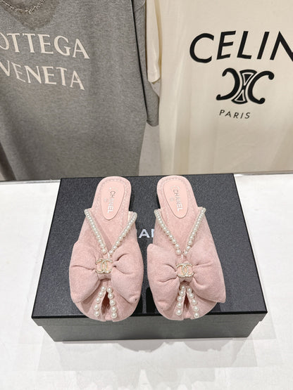 Chanel 2026  Pearl Bow Flat Slipper Suede Sheepskin 713038