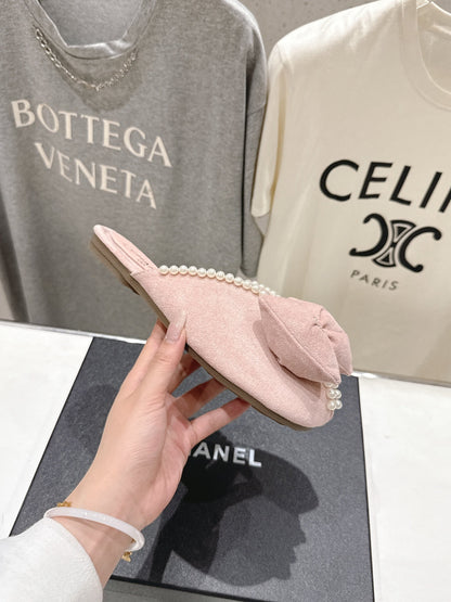 Chanel 2026  Pearl Bow Flat Slipper Suede Sheepskin 713038