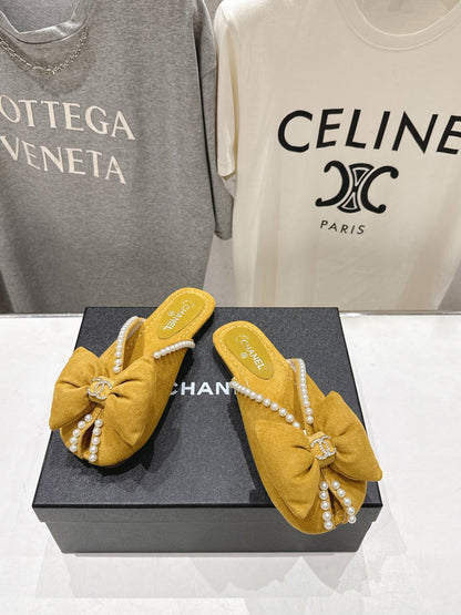 Chanel 2026  Pearl Bow Flat Slipper Suede Sheepskin 713038