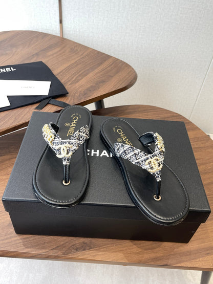 Chanel 2026 Thong Sandal Tweed Gold Logo Details 790366
