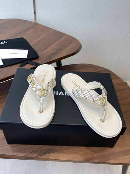 Chanel 2026 Thong Sandal Tweed Gold Logo Details 790366