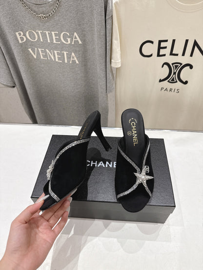 Chanel 2026 High-Heeled Mules 90mm Strass Suede 896436