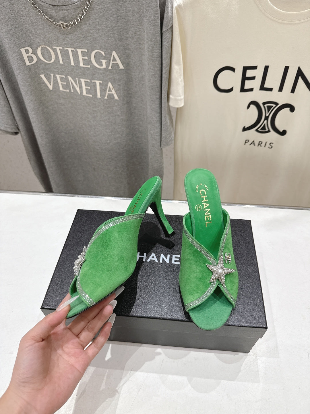 Chanel 2026 High-Heeled Mules 90mm Strass Suede 896436