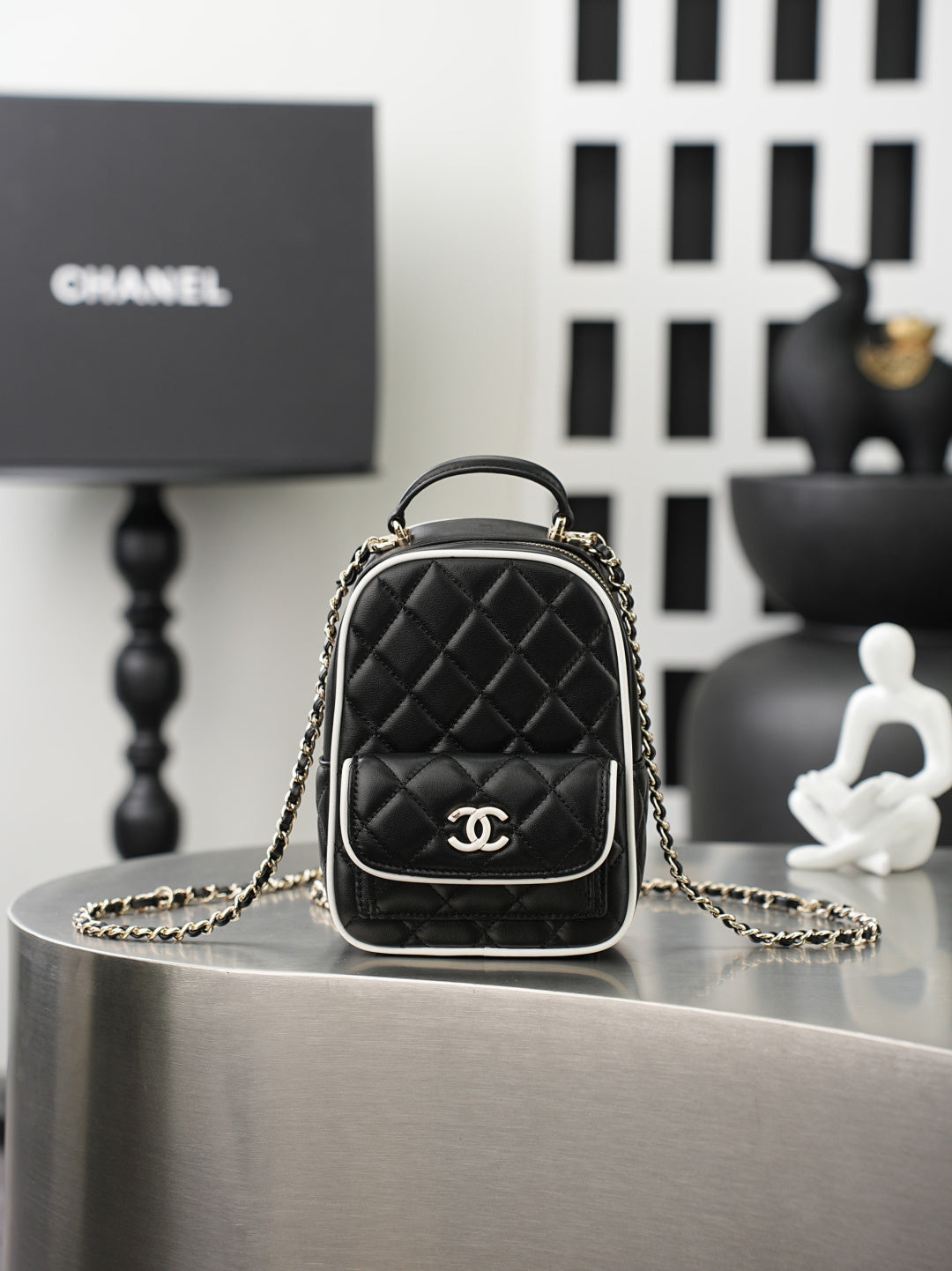 Chanel 2026 Mini Backpack 18cm Black And White leather