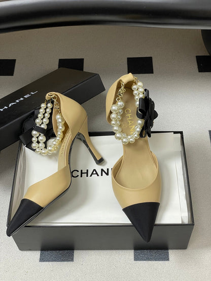 CC 26 Heeled 70mm Slingback With Pearl Ankle Strap Lambskin Fabric