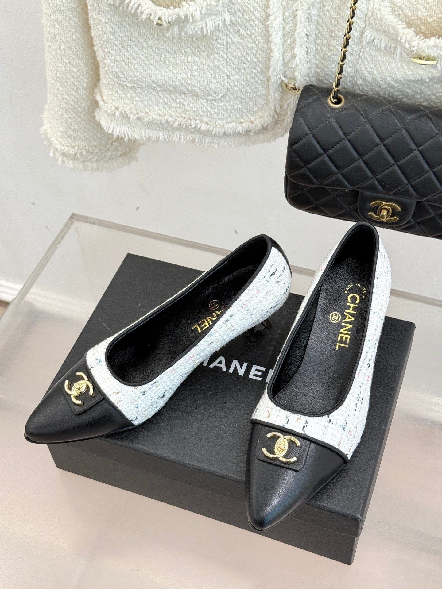 CC 2026 Heel Pump 55 Tweed Sheepskin Double C Logo