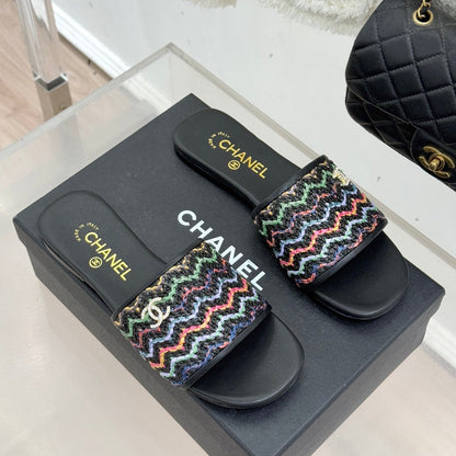 CC 2026 Knitted Double C Flat Slippers Multicolor Woven Sheepskin