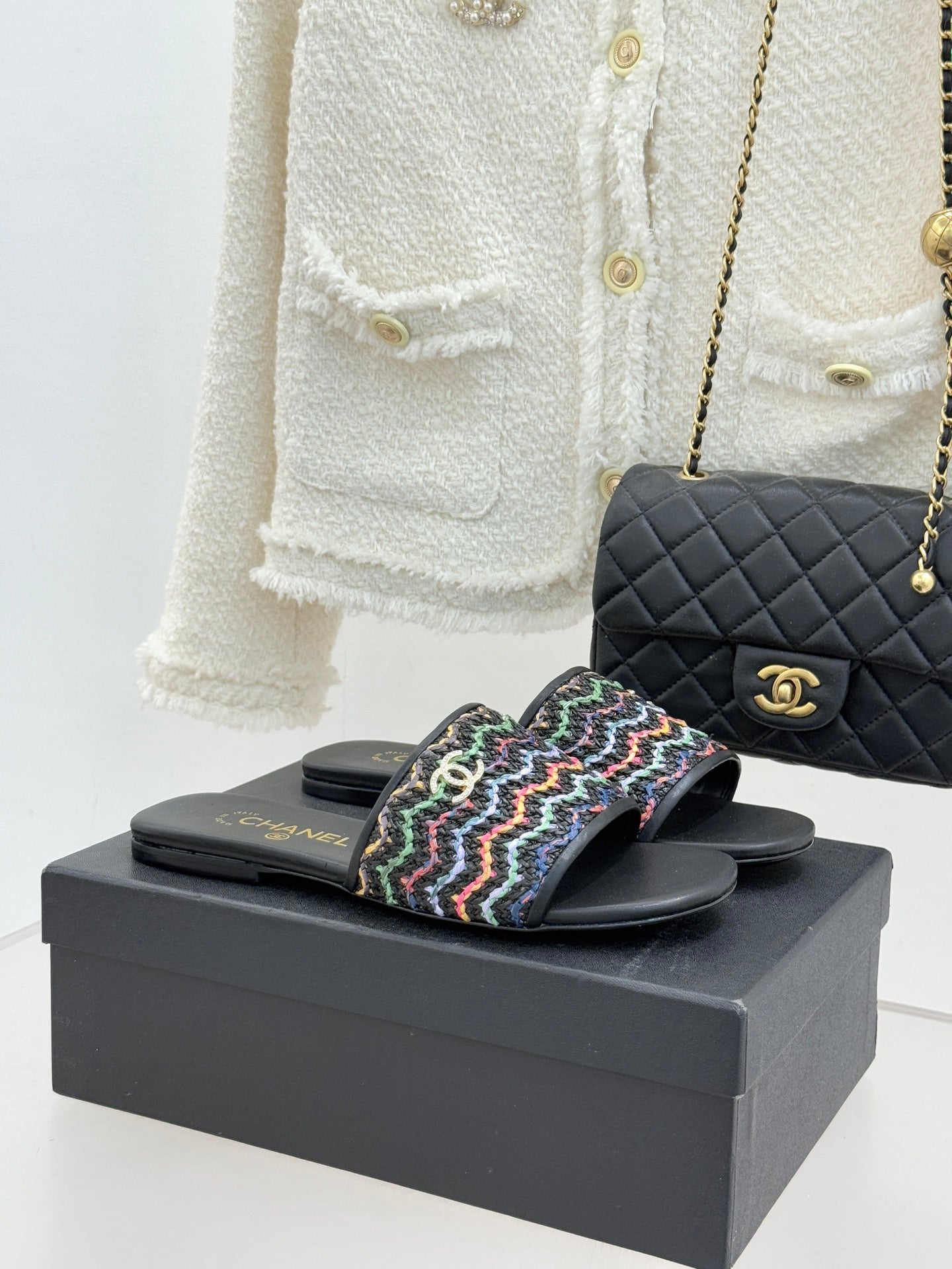 CC 2026 Knitted Double C Flat Slippers Multicolor Woven Sheepskin
