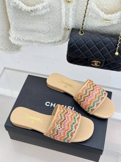 CC 2026 Knitted Double C Flat Slippers Multicolor Woven Sheepskin