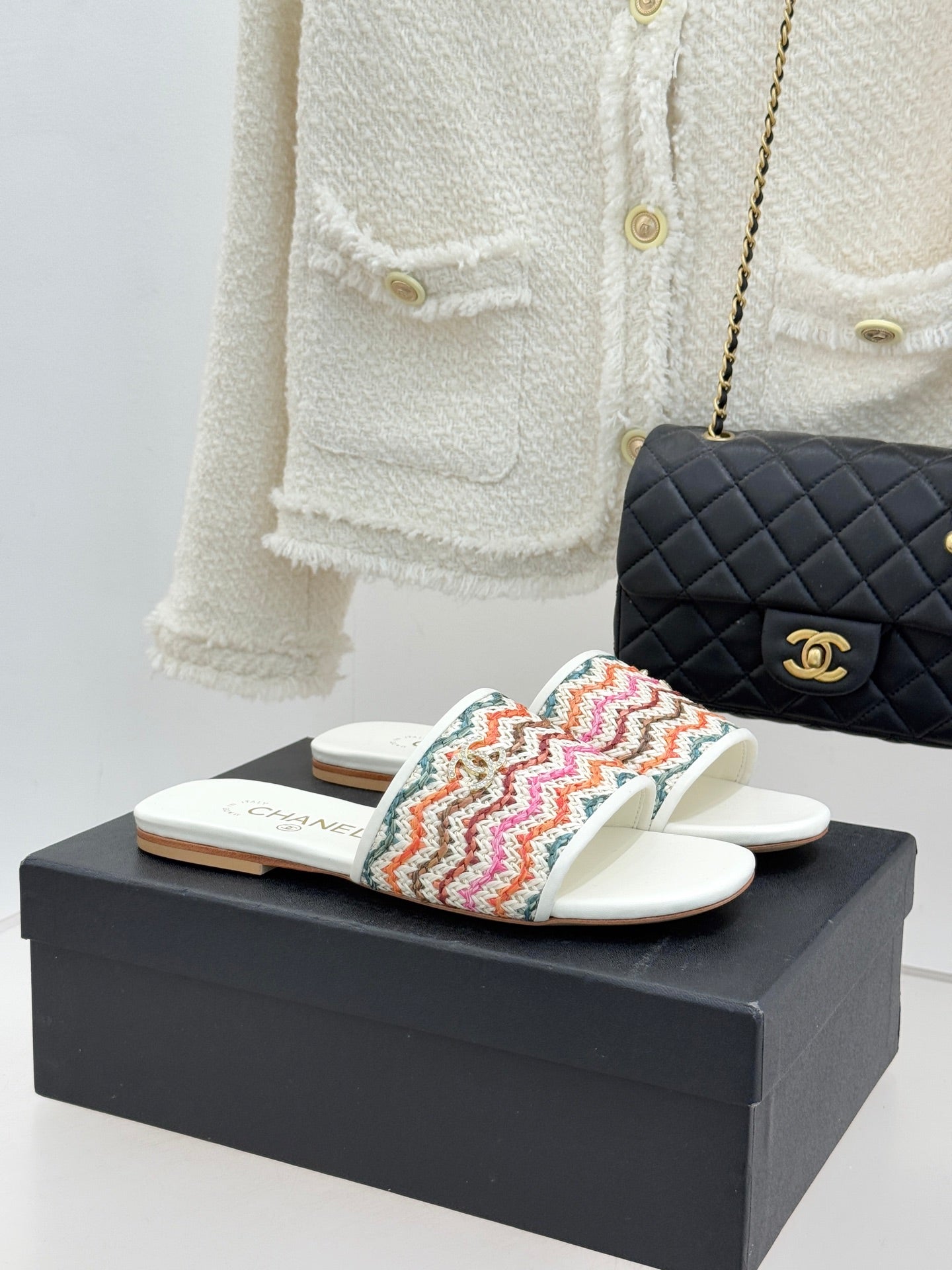 CC 2026 Knitted Double C Flat Slippers Multicolor Woven Sheepskin