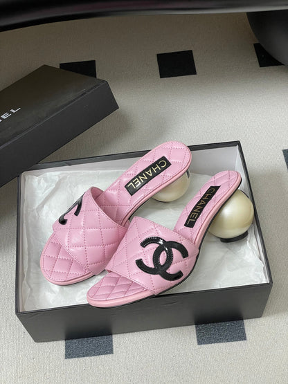 CC 2026 Pearl Heel Sandals 70 Lambskin Double C Logo