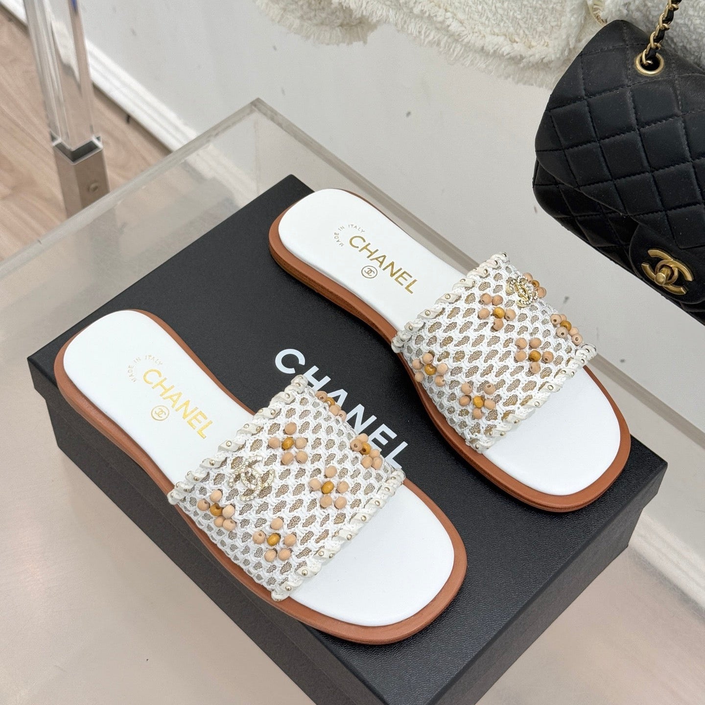 CC 2026 Flat Sandals Tweed Woven Sheepskin