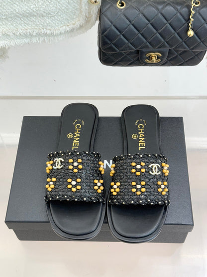 CC 2026 Flat Sandals Tweed Woven Sheepskin