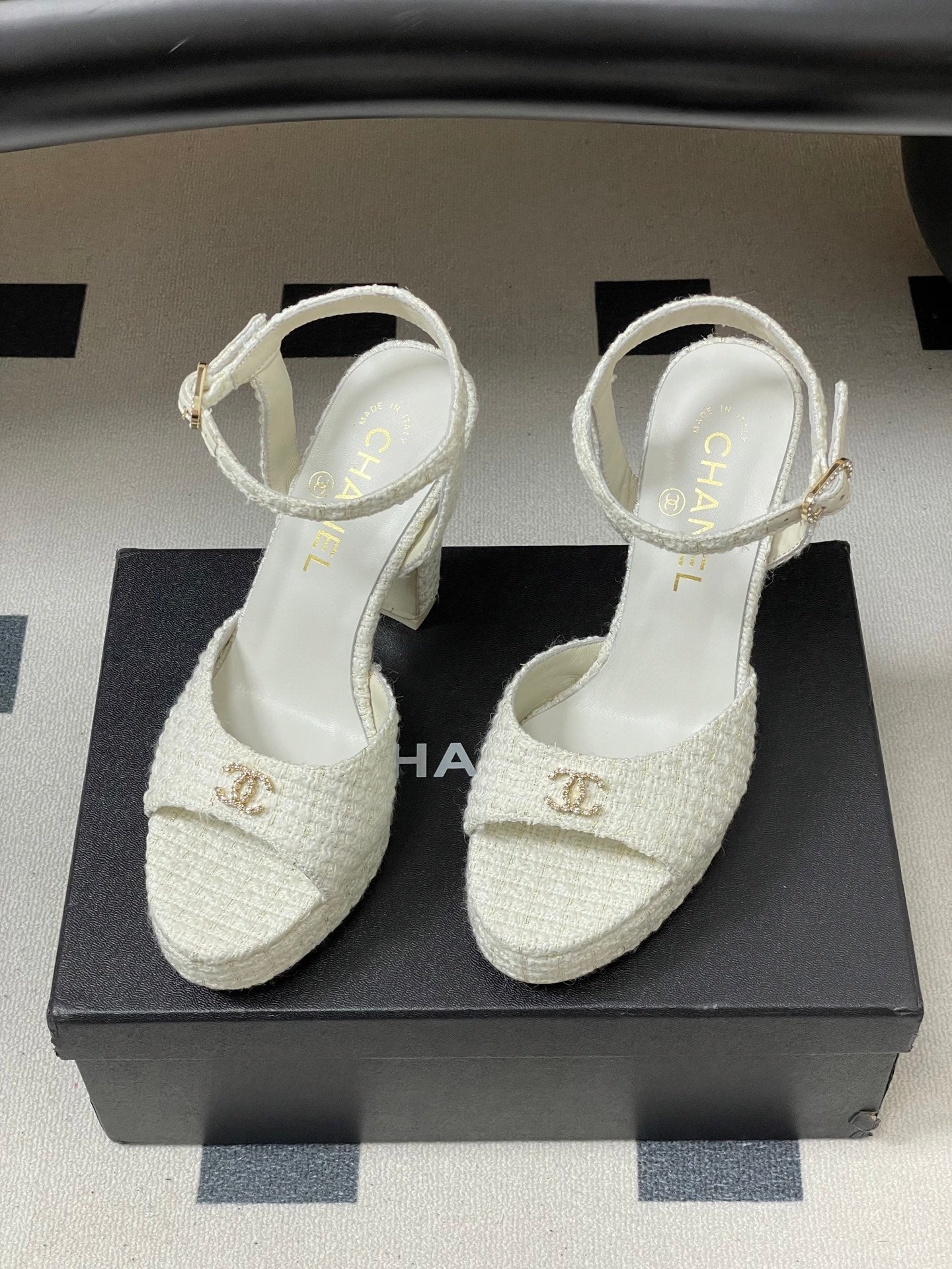 Chanel 2026 High heeled Chunky Platform Peep-toe Sandals Tweed Leather