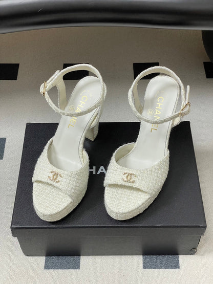 Chanel 2026 High heeled Chunky Platform Peep-toe Sandals Tweed Leather