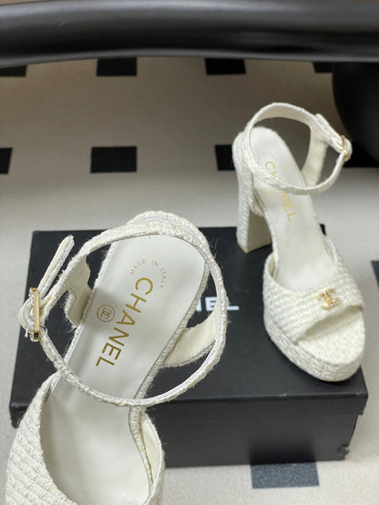 Chanel 2026 High heeled Chunky Platform Peep-toe Sandals Tweed Leather