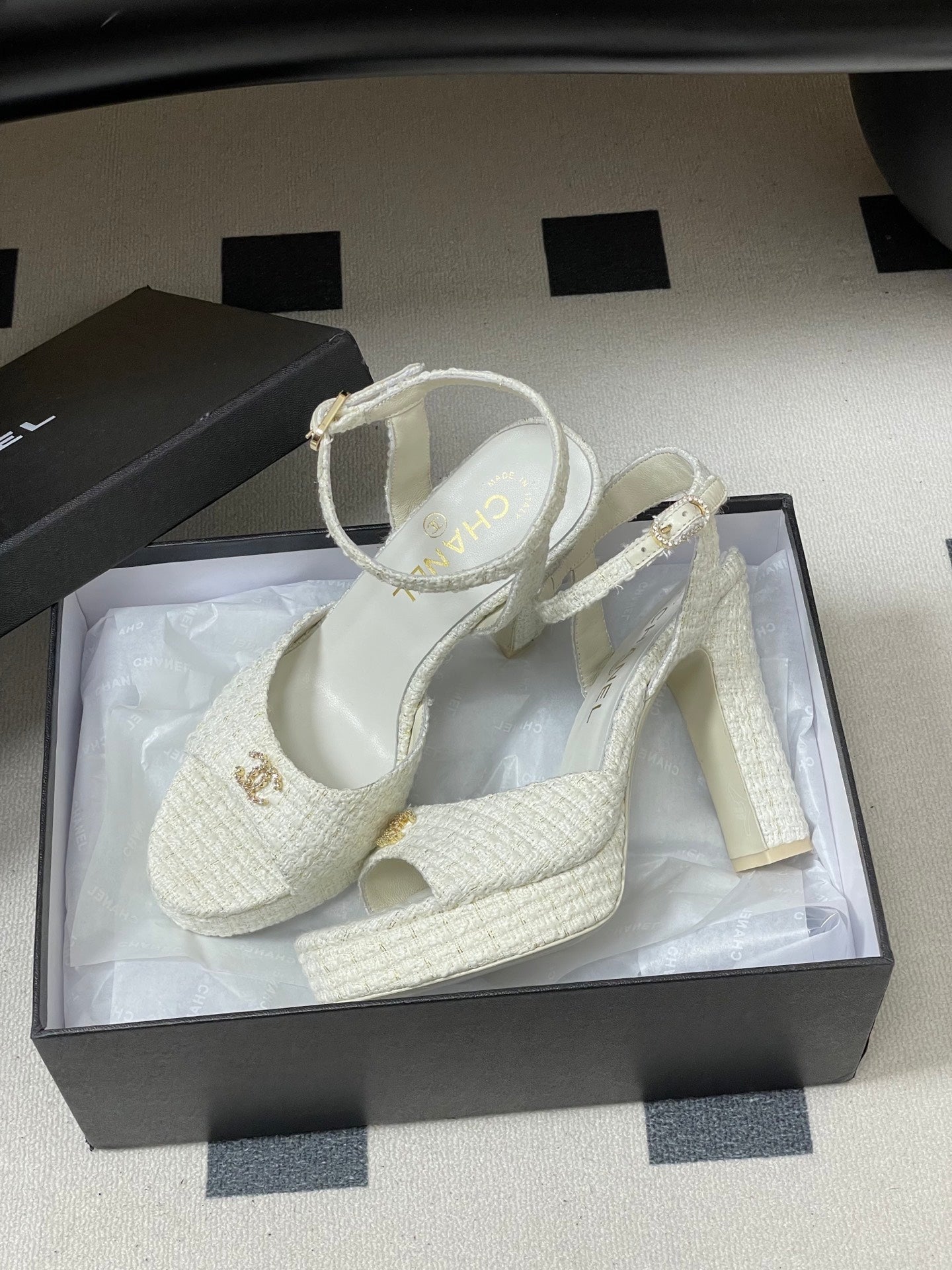Chanel 2026 High heeled Chunky Platform Peep-toe Sandals Tweed Leather