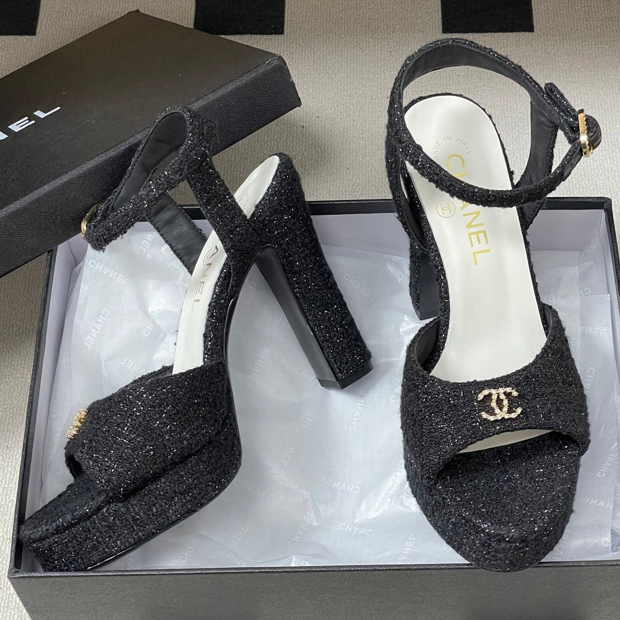 Chanel 2026 High heeled Chunky Platform Peep-toe Sandals Tweed Leather