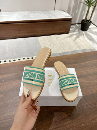 CD 26s Embroidered Sandals Beige Green Canvas Sheepskin 664319