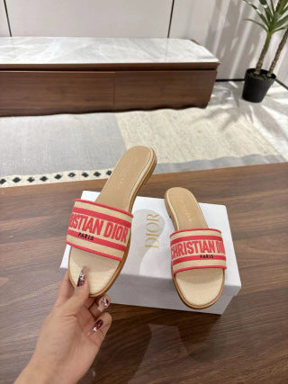 CD 26s Embroidered Sandals Beige Red Canvas Sheepskin 664315