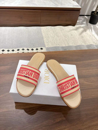 CD 26s Embroidered Sandals Beige Red Canvas Sheepskin 664315