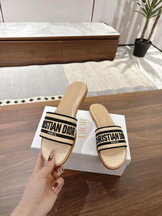 CD 26s Embroidered Sandals Beige Black Canvas Sheepskin 664322
