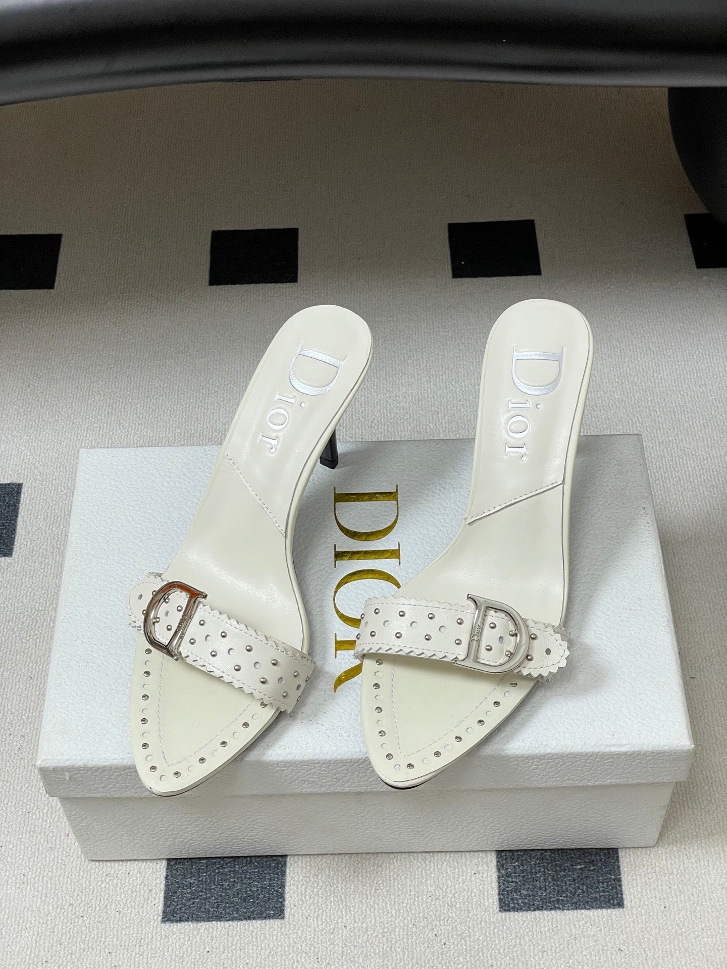 Dior 2026 Studded Sandal 8.5cm Black and White Sheepskin 717875