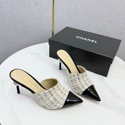 Chanel 2026 Pointy Heeled Mules 85mm Tweed Pearl  801951