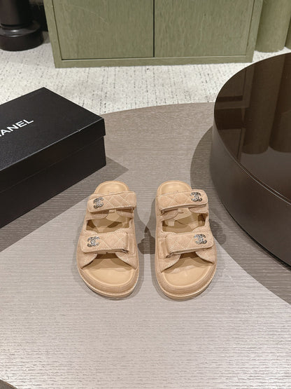 Chanel 2026 Velcro Beach Slippers  Suede Leather 762937