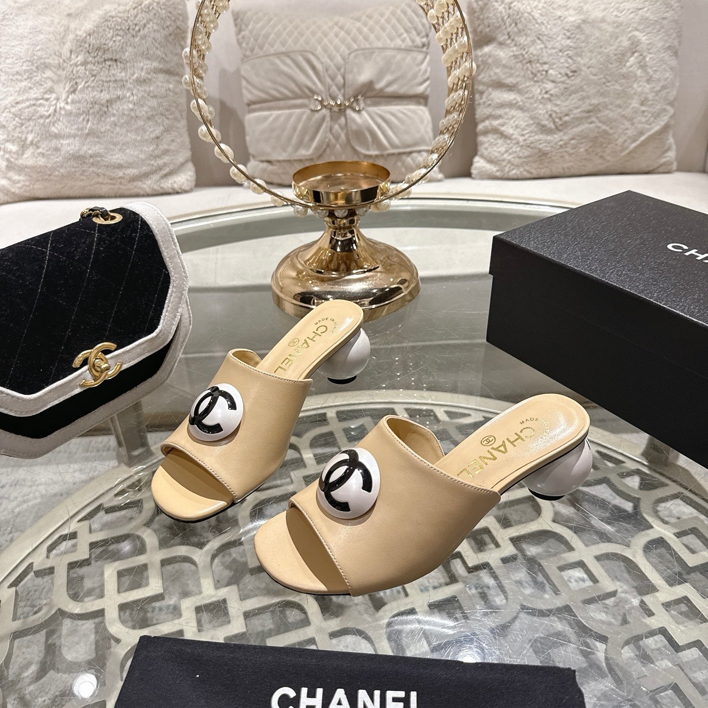 Chanel 2026 Double C Pearl High-Heeled Sandals Leather Lambskin 834456