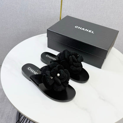 Chanel 2026 Flower Flat Thong Sandals Suede Cowhide 801431