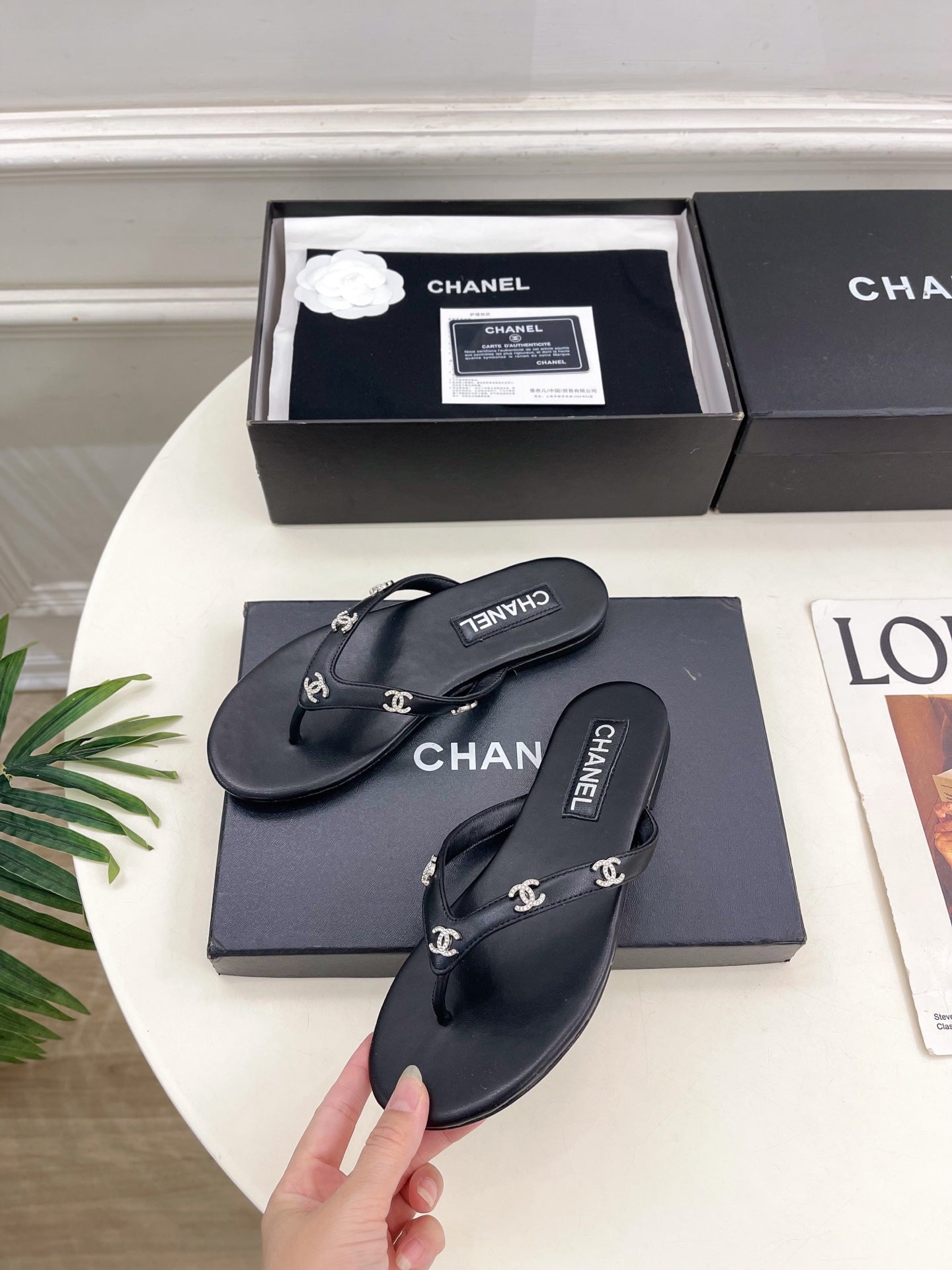 Chanel 2026 Double C Rhinestone Flat Flip-Flops Lambskin Sheepskin 831523