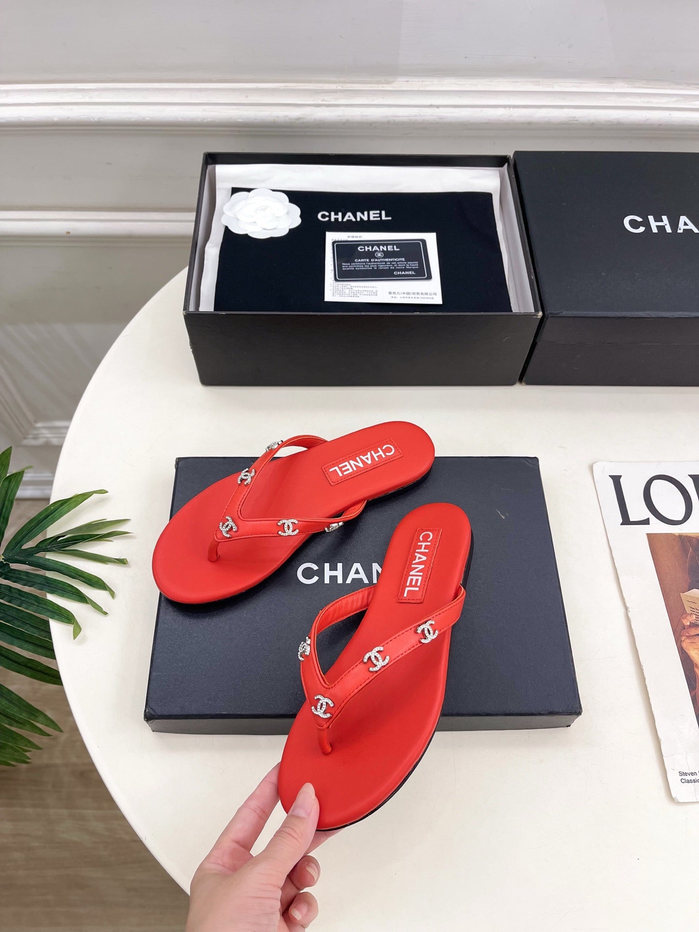 Chanel 2026 Double C Rhinestone Flat Flip-Flops Lambskin Sheepskin 831523