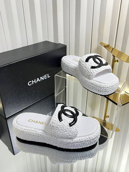 Chanel 2026 Crochet CC Platform Slide Sandals 40mm Raffia Leather 767882