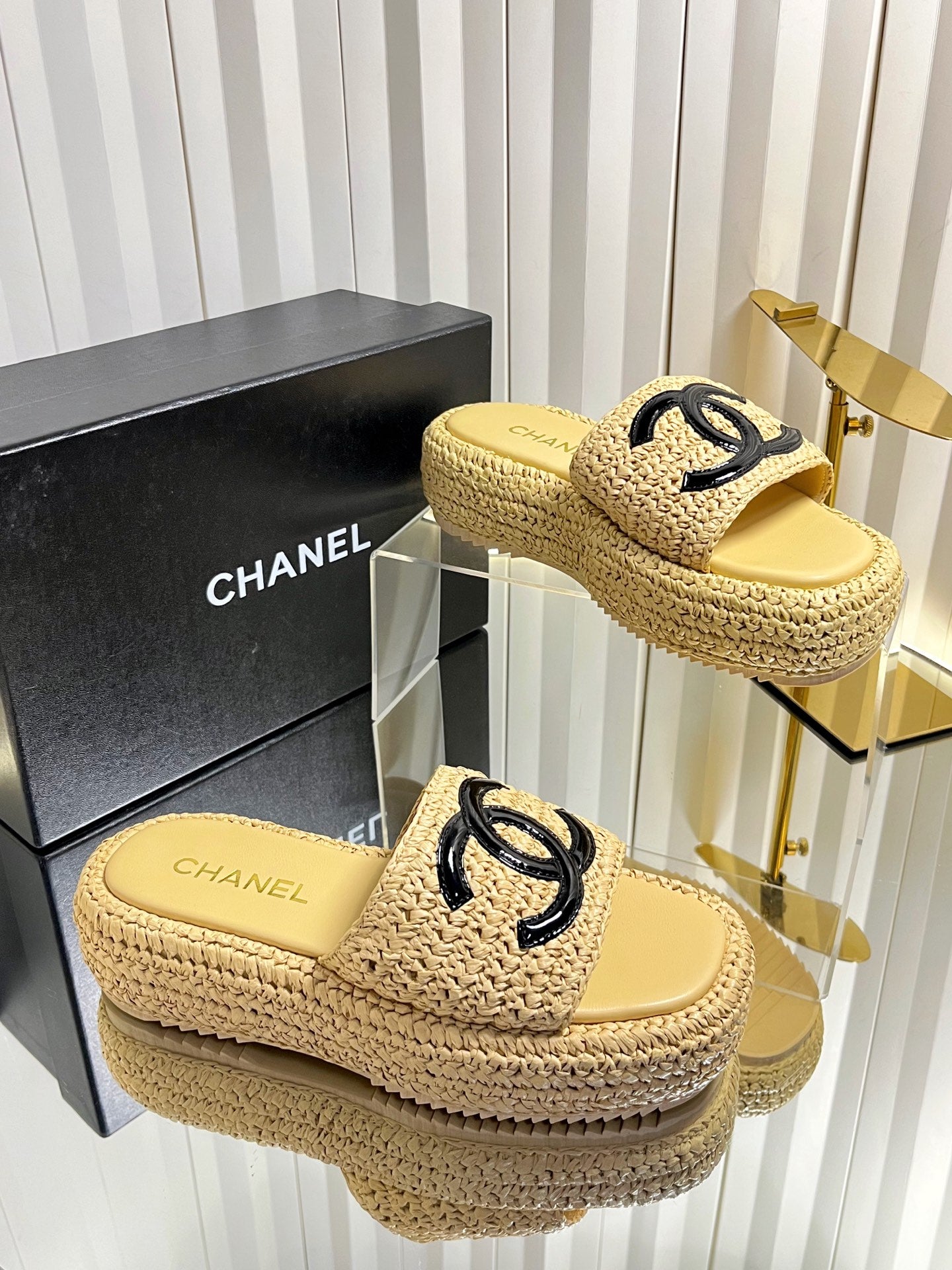 Chanel 2026 Crochet CC Platform Slide Sandals 40mm Raffia Leather 767882