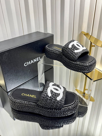 Chanel 2026 Crochet CC Platform Slide Sandals 40mm Raffia Leather 767882
