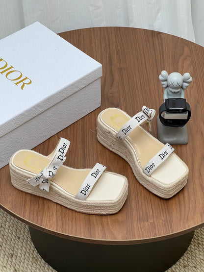 Dior 2026 Wedge Sandals 75mm with Straps Cotton Raffia 846580