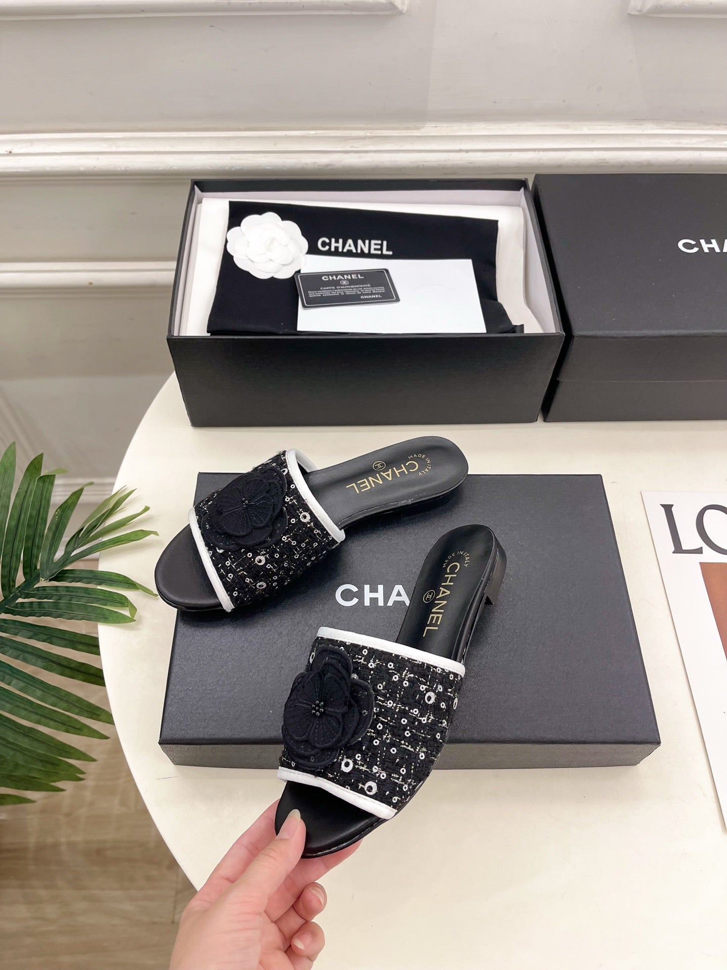 Chanel 2026 Camellia Flat Slippers Leather Sheepskin Tweed 831467