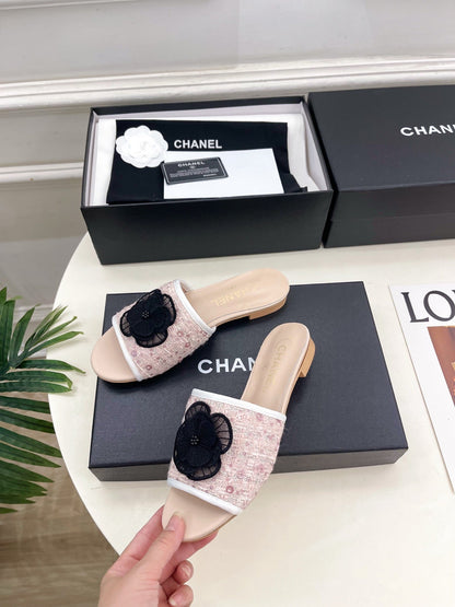 Chanel 2026 Camellia Flat Slippers Leather Sheepskin Tweed 831467