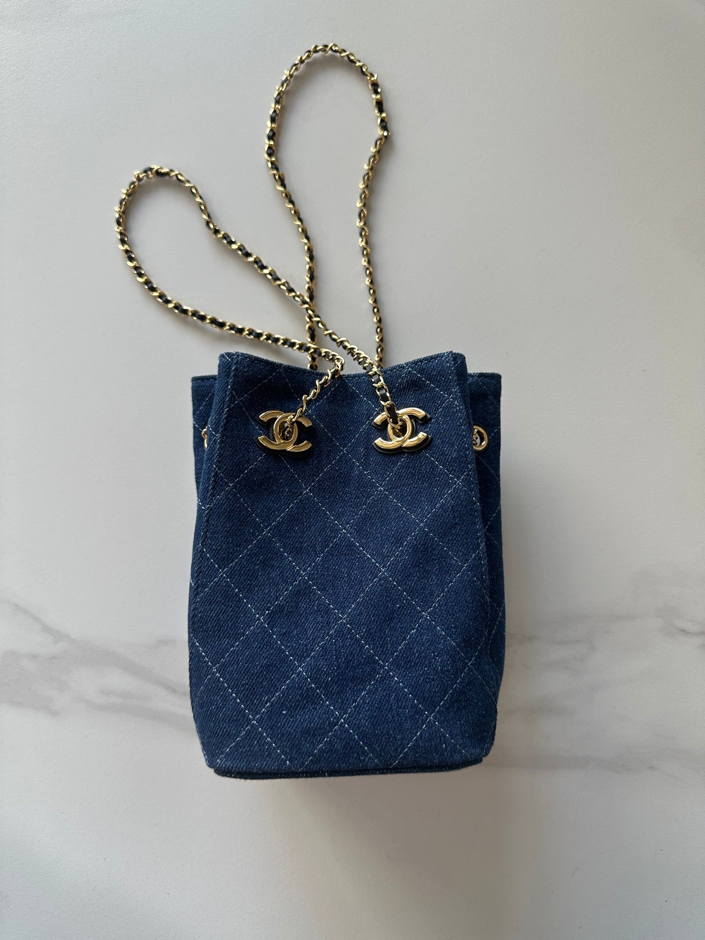 Chanel 2026 Bucket Bag 18cm Lambskin Suede Denim