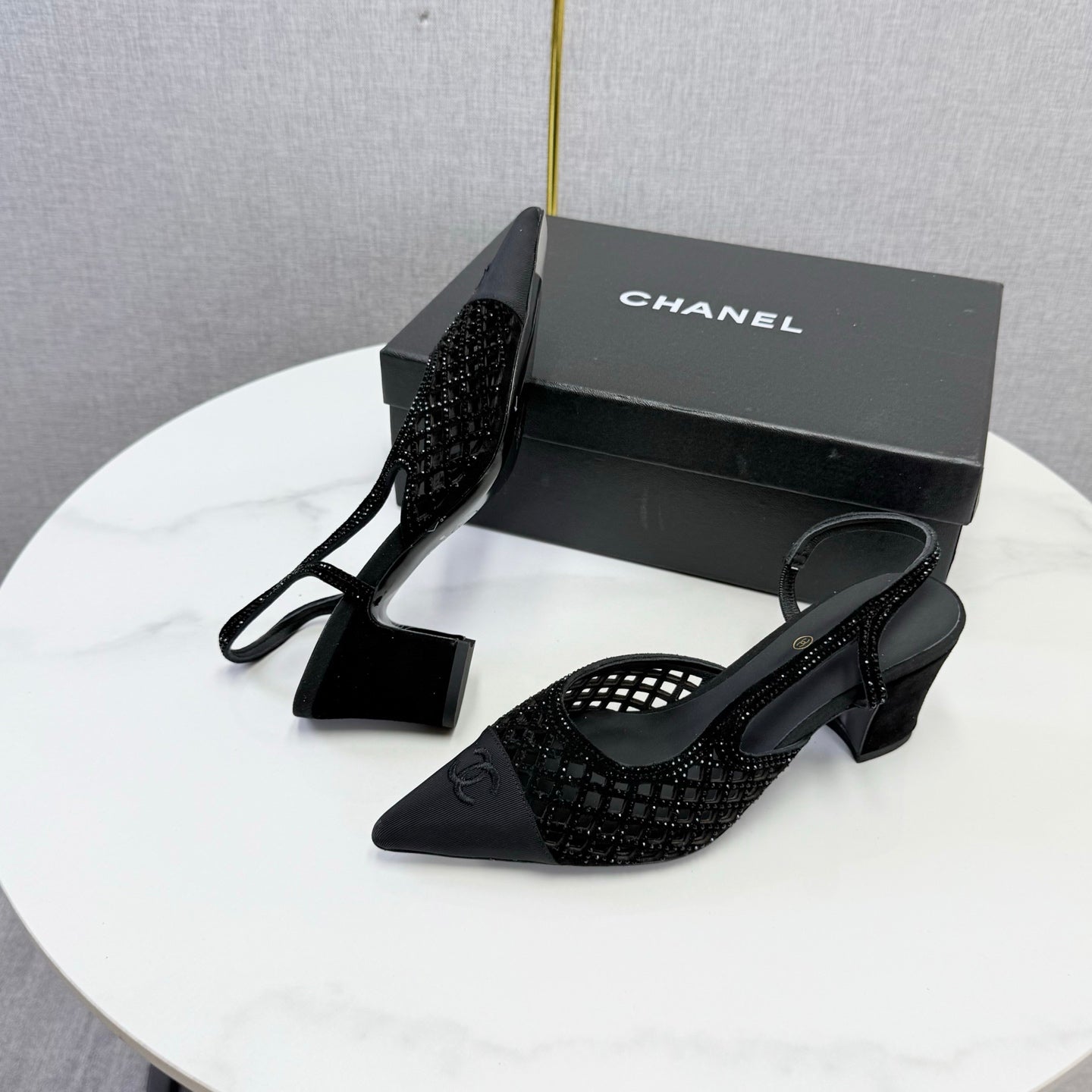 Chanel 2026 Embellished Mesh Slingback 50mm Sheepskin Satin 904533