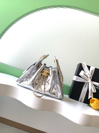 Chanel 2026 Hobo Shoulder Bag Gold And Silver Metallic Calfskin