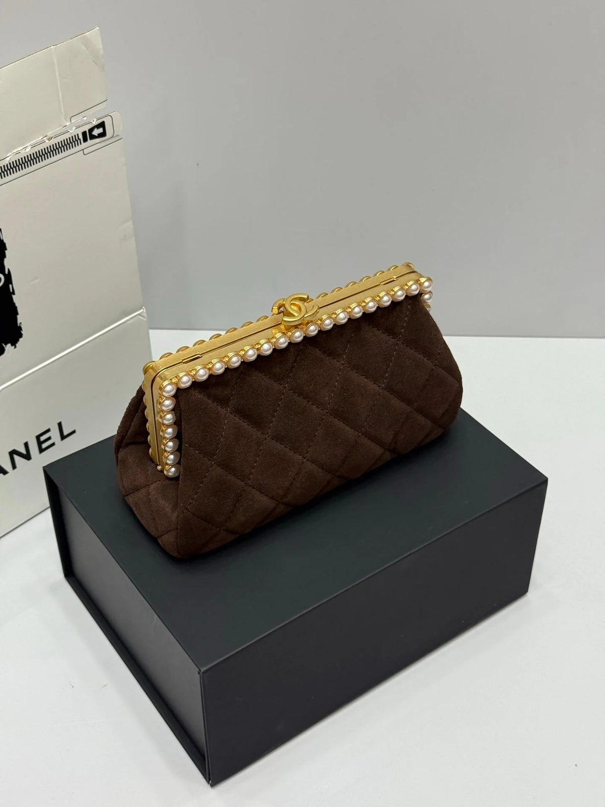 Chanel 2026 Pearl Clutch Brown Gold Velvet Leather
